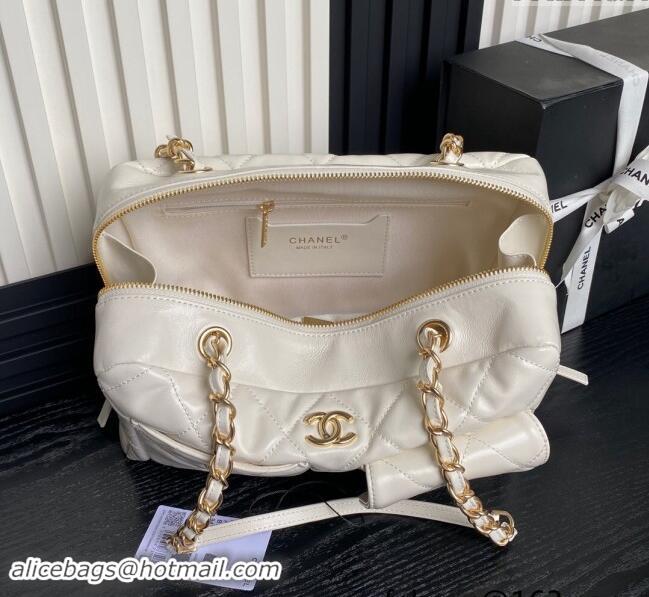 Top Design Chanel Shiny Calfskin Large Bowling Bag with Pockets AS4933 White 2024