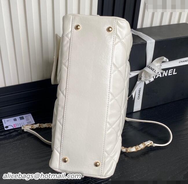 Top Design Chanel Shiny Calfskin Large Bowling Bag with Pockets AS4933 White 2024