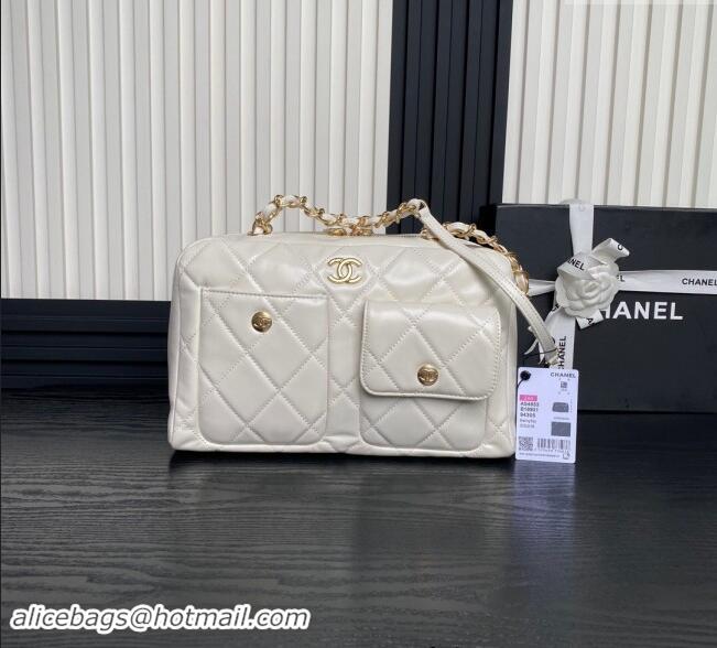 Top Design Chanel Shiny Calfskin Large Bowling Bag with Pockets AS4933 White 2024