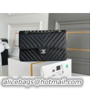 Original Cheap Chanel Chevron Grained Calfskin Classic Medium Flap bag A01112 Black/Silver 2024