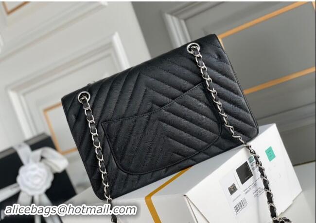 Original Cheap Chanel Chevron Grained Calfskin Classic Medium Flap bag A01112 Black/Silver 2024