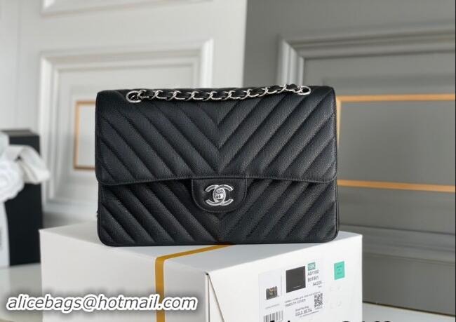 Original Cheap Chanel Chevron Grained Calfskin Classic Medium Flap bag A01112 Black/Silver 2024