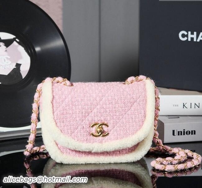 Top Grade Chanel Snow Tweed & Shearling Flap bag 1207 Light Pink 2024