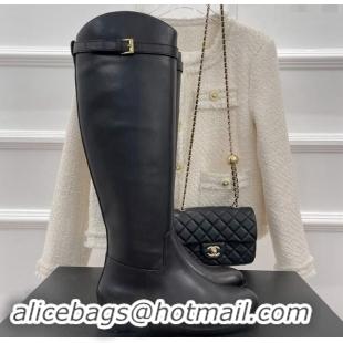 Stylish Chanel Calfskin High Boots 3cm with Buckle Black 121050