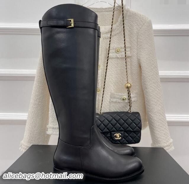 Stylish Chanel Calfskin High Boots 3cm with Buckle Black 121050