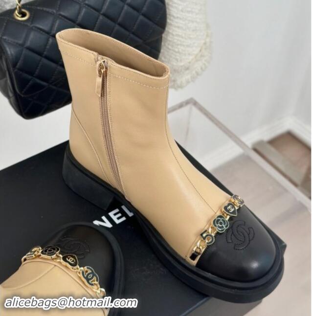 Perfect Chanel Lambskin Ankle Boots 4cm with Charm Strap Beige 1121052