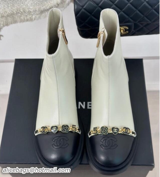 Unique Style Chanel Lambskin Ankle Boots 4cm with Charm Strap White 1121053