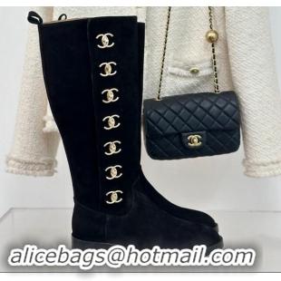 Purchase Chanel Suede High Boots 3cm with Side CC Studs Black 121054