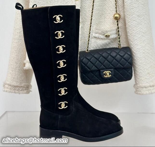 Purchase Chanel Suede High Boots 3cm with Side CC Studs Black 121054