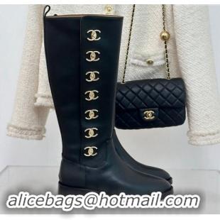 Top Design Chanel Calfskin High Boots 3cm with Side CC Studs Black 1121055