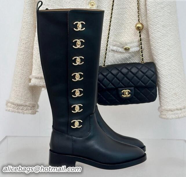 Top Design Chanel Calfskin High Boots 3cm with Side CC Studs Black 1121055