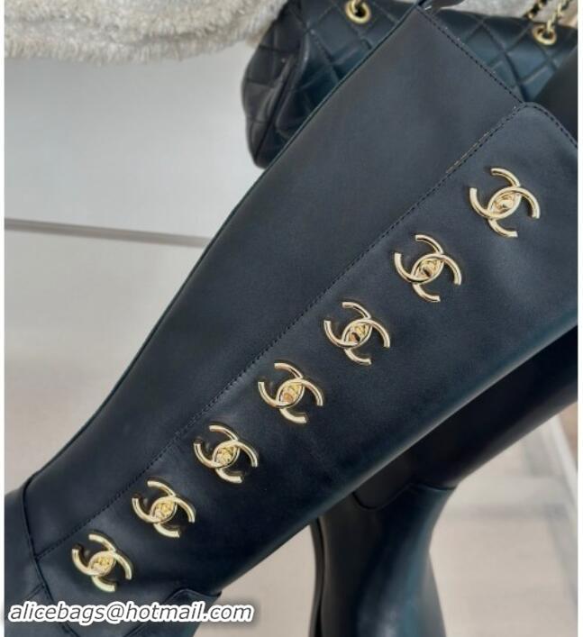 Top Design Chanel Calfskin High Boots 3cm with Side CC Studs Black 1121055