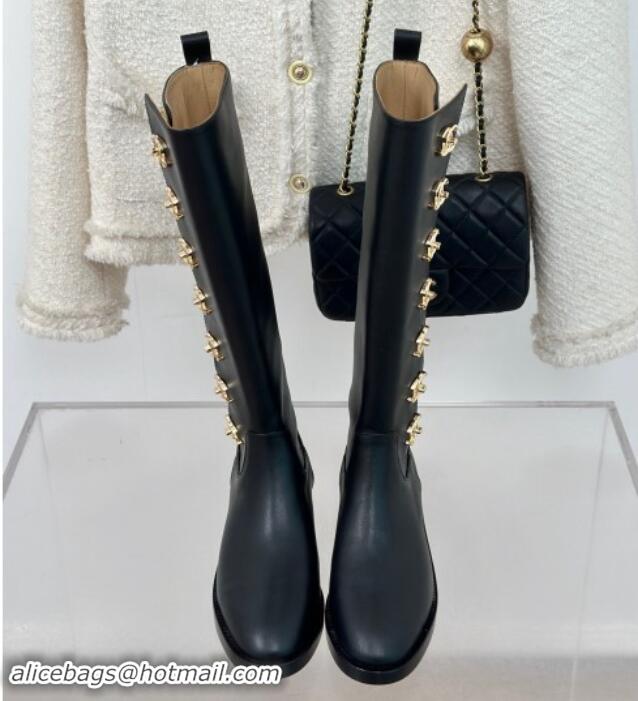 Top Design Chanel Calfskin High Boots 3cm with Side CC Studs Black 1121055