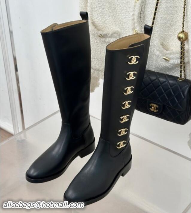 Top Design Chanel Calfskin High Boots 3cm with Side CC Studs Black 1121055