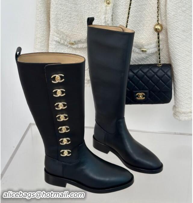 Top Design Chanel Calfskin High Boots 3cm with Side CC Studs Black 1121055