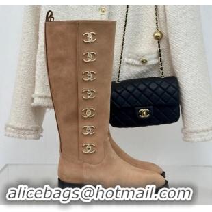 Buy Luxury Chanel Suede High Boots 3cm with Side CC Studs Beige 1121056