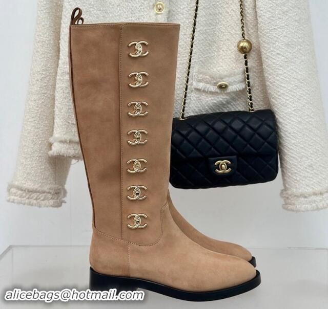 Buy Luxury Chanel Suede High Boots 3cm with Side CC Studs Beige 1121056