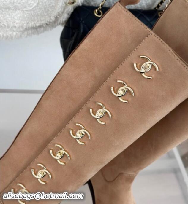 Buy Luxury Chanel Suede High Boots 3cm with Side CC Studs Beige 1121056