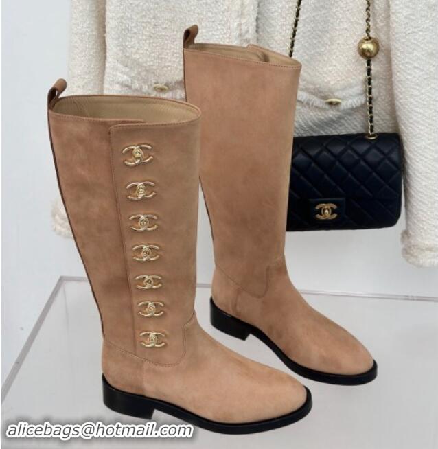 Buy Luxury Chanel Suede High Boots 3cm with Side CC Studs Beige 1121056