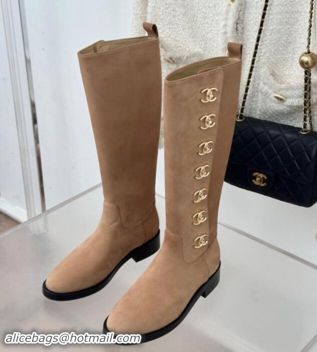 Buy Luxury Chanel Suede High Boots 3cm with Side CC Studs Beige 1121056