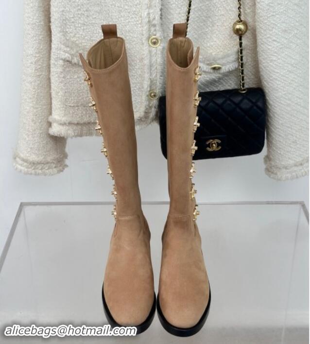 Buy Luxury Chanel Suede High Boots 3cm with Side CC Studs Beige 1121056