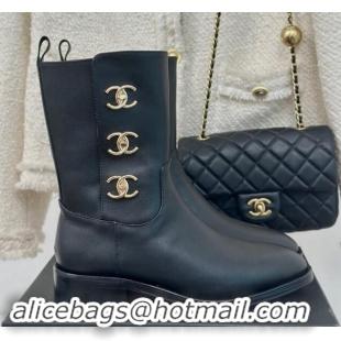 Luxury Chanel Calfskin Ankle Boots 3cm with Side CC Studs Black 1121057