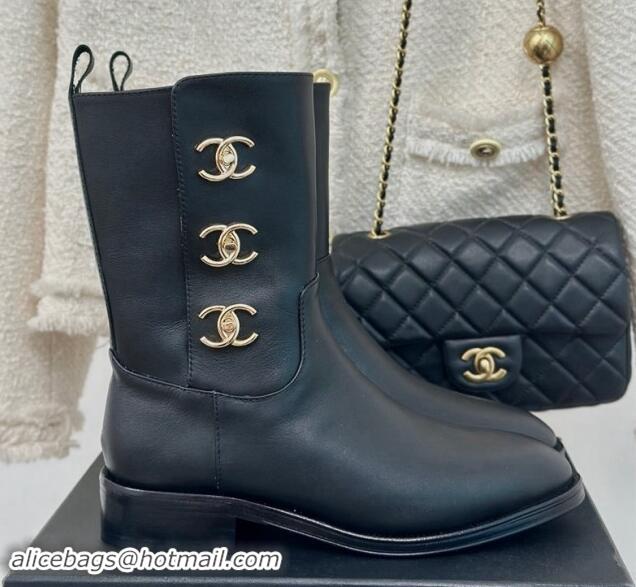 Luxury Chanel Calfskin Ankle Boots 3cm with Side CC Studs Black 1121057