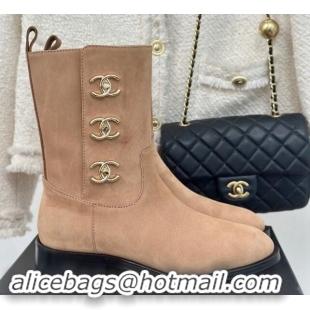 Top Grade Chanel Suede Ankle Boots 3cm with Side CC Studs Beige 121059