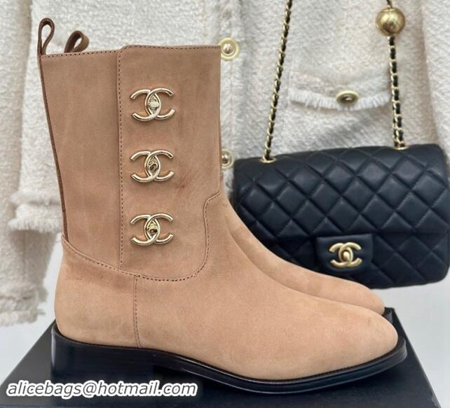 Top Grade Chanel Suede Ankle Boots 3cm with Side CC Studs Beige 121059