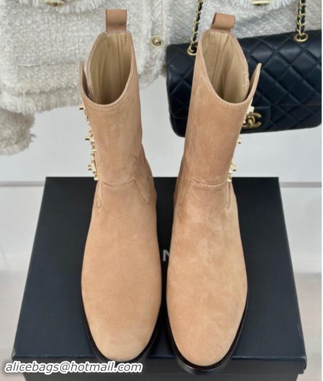 Top Grade Chanel Suede Ankle Boots 3cm with Side CC Studs Beige 121059