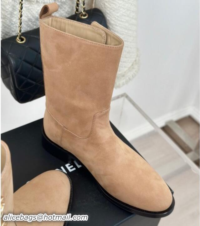 Top Grade Chanel Suede Ankle Boots 3cm with Side CC Studs Beige 121059