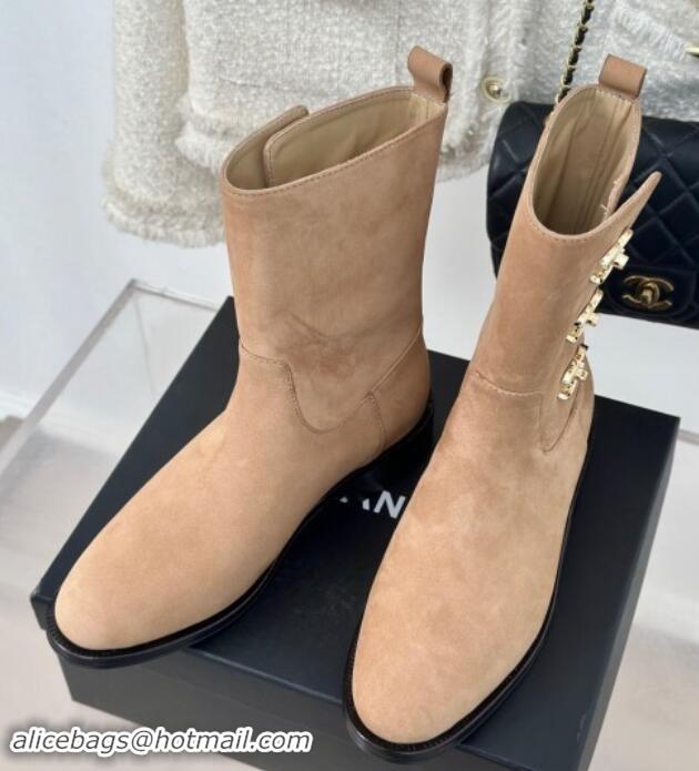 Top Grade Chanel Suede Ankle Boots 3cm with Side CC Studs Beige 121059