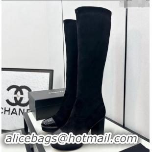 Good Looking Chanel Stretch Suede High Platform Boots 9cm Black 1121060