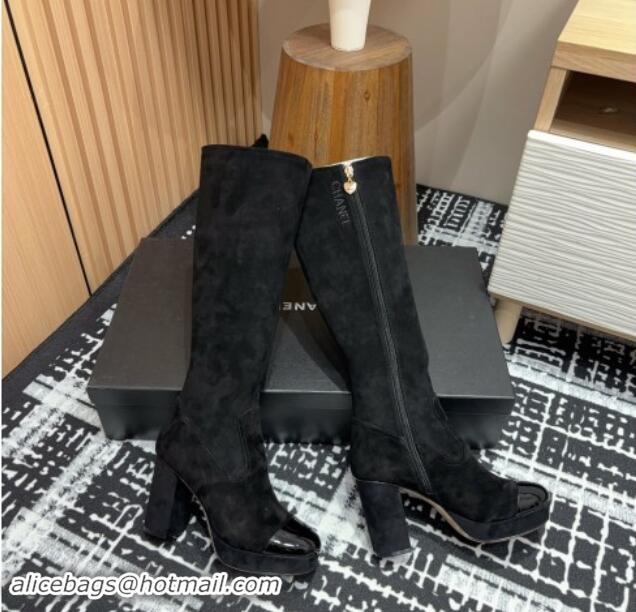 Good Looking Chanel Stretch Suede High Platform Boots 9cm Black 1121060