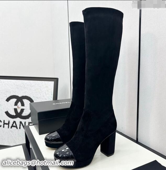 Good Looking Chanel Stretch Suede High Platform Boots 9cm Black 1121060