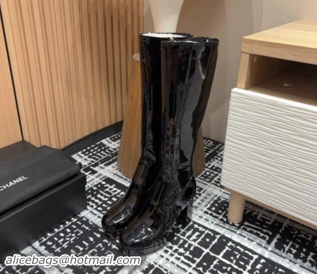 Good Quality Chanel Stretch Patent Calfskin High Platform Boots 9cm Black 1121062