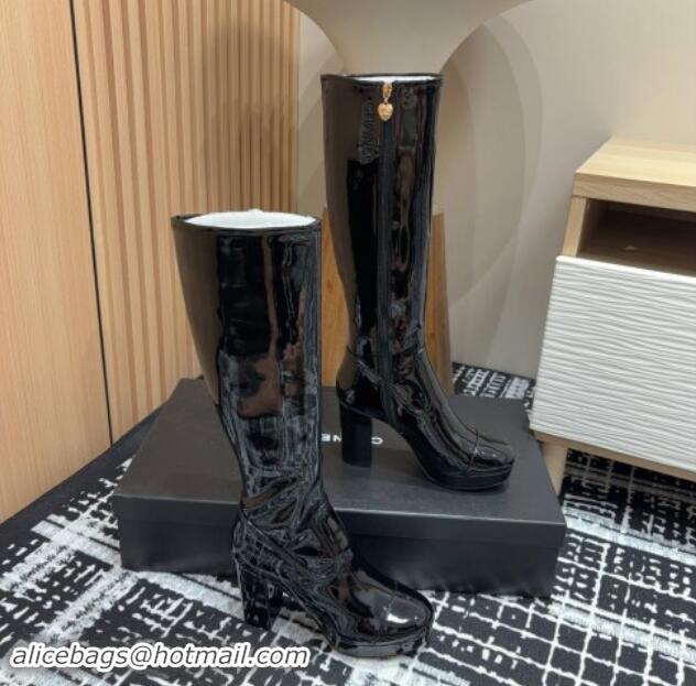 Good Quality Chanel Stretch Patent Calfskin High Platform Boots 9cm Black 1121062