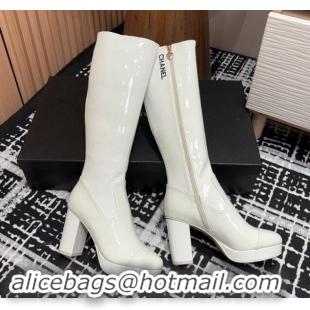 Top Design Chanel Stretch Patent Calfskin High Platform Boots 9cm White 121063