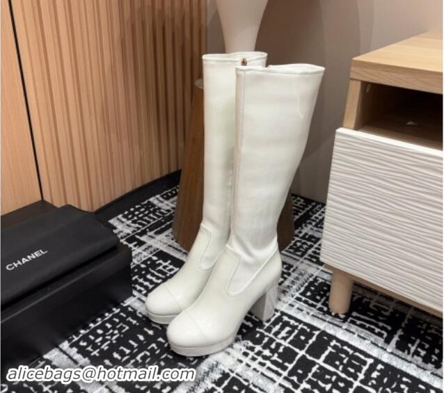 Top Design Chanel Stretch Patent Calfskin High Platform Boots 9cm White 121063