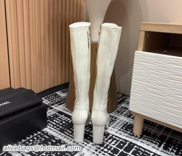 Top Design Chanel Stretch Patent Calfskin High Platform Boots 9cm White 121063