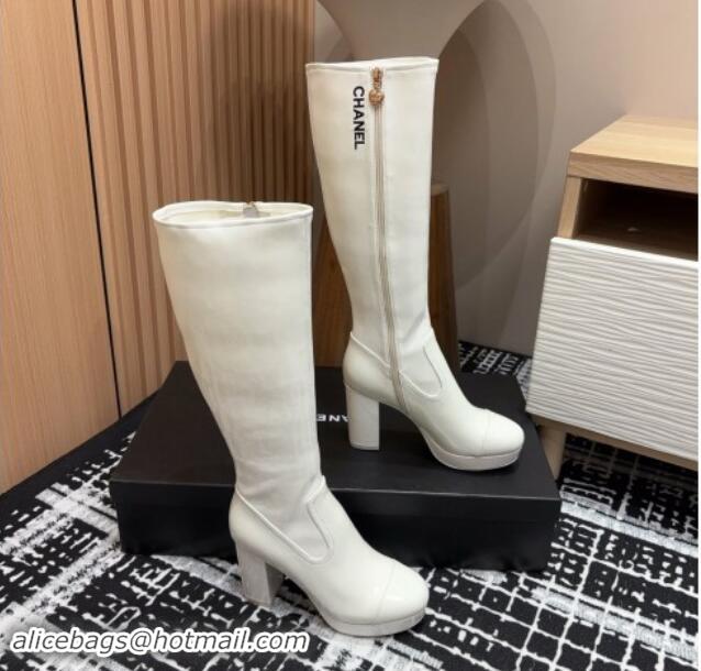 Top Design Chanel Stretch Patent Calfskin High Platform Boots 9cm White 121063