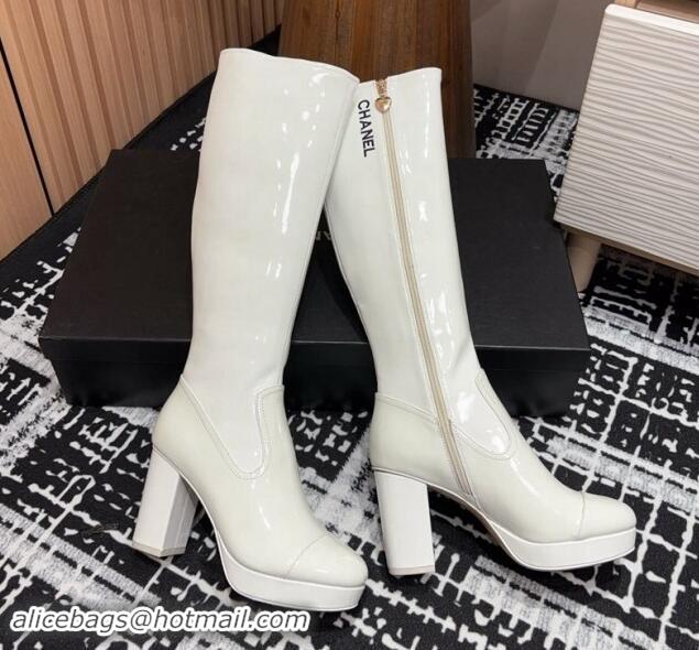 Top Design Chanel Stretch Patent Calfskin High Platform Boots 9cm White 121063