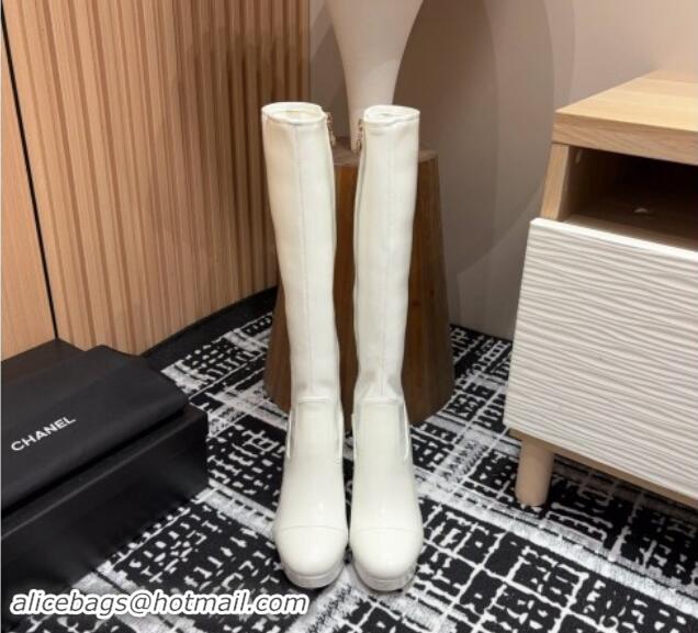 Top Design Chanel Stretch Patent Calfskin High Platform Boots 9cm White 121063