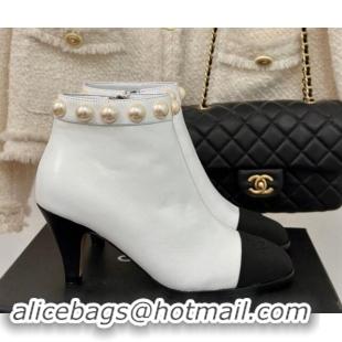 Duplicate Chanel Lambskin Ankle Boots 7cm with Pearls White 121064