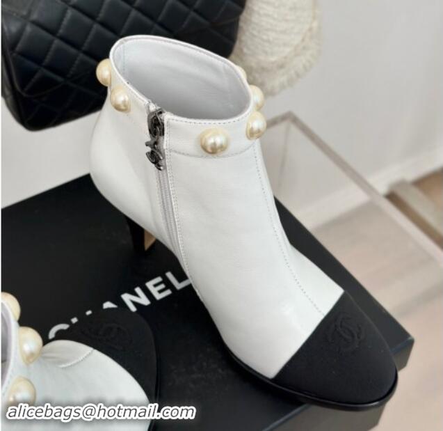 Duplicate Chanel Lambskin Ankle Boots 7cm with Pearls White 121064