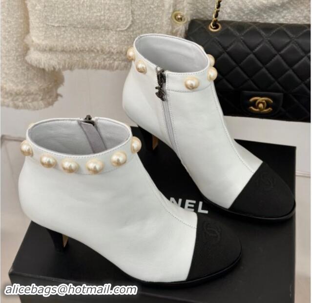 Duplicate Chanel Lambskin Ankle Boots 7cm with Pearls White 121064