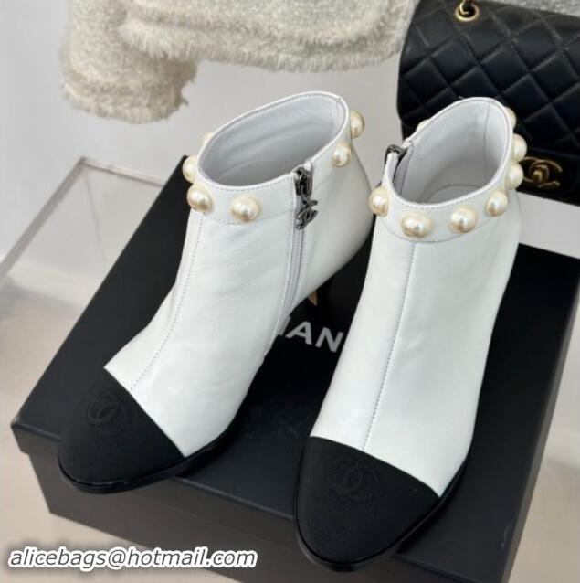 Duplicate Chanel Lambskin Ankle Boots 7cm with Pearls White 121064