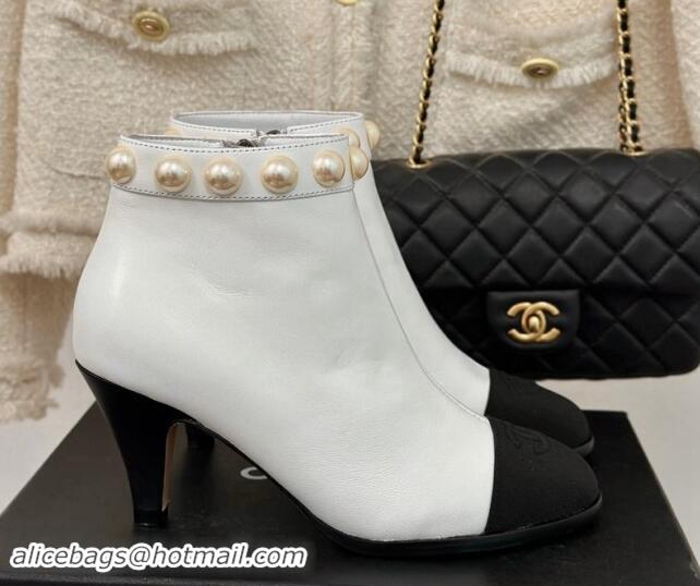 Duplicate Chanel Lambskin Ankle Boots 7cm with Pearls White 121064