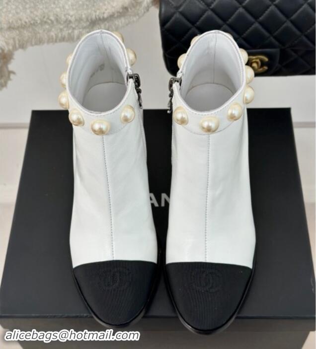 Duplicate Chanel Lambskin Ankle Boots 7cm with Pearls White 121064