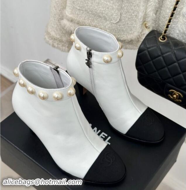 Duplicate Chanel Lambskin Ankle Boots 7cm with Pearls White 121064